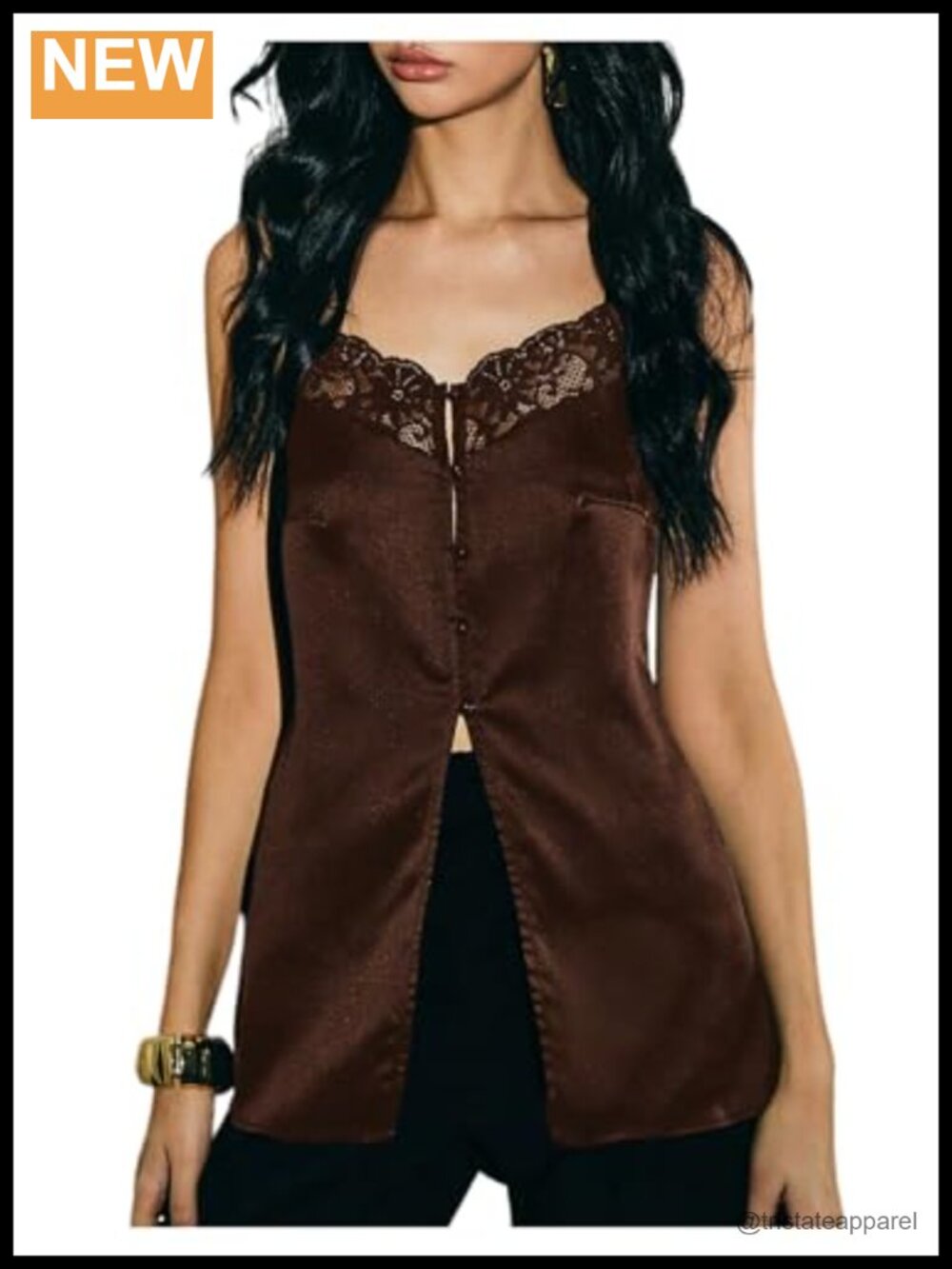 Satin Lace Trim Button Up V Neck Spaghetti Strap Cami
